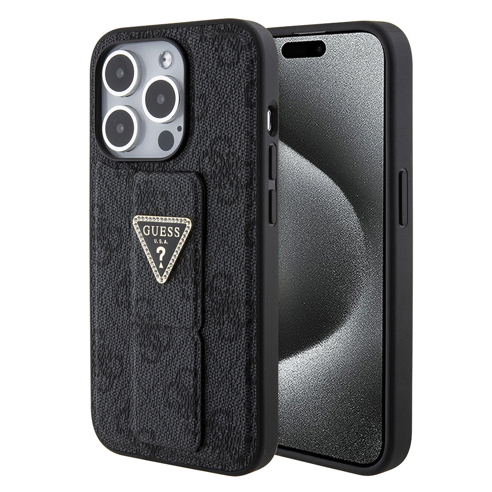 Étui pour Apple iPhone 15 Pro, Guess, Grip Stand 4G Triangle Strass, Noir