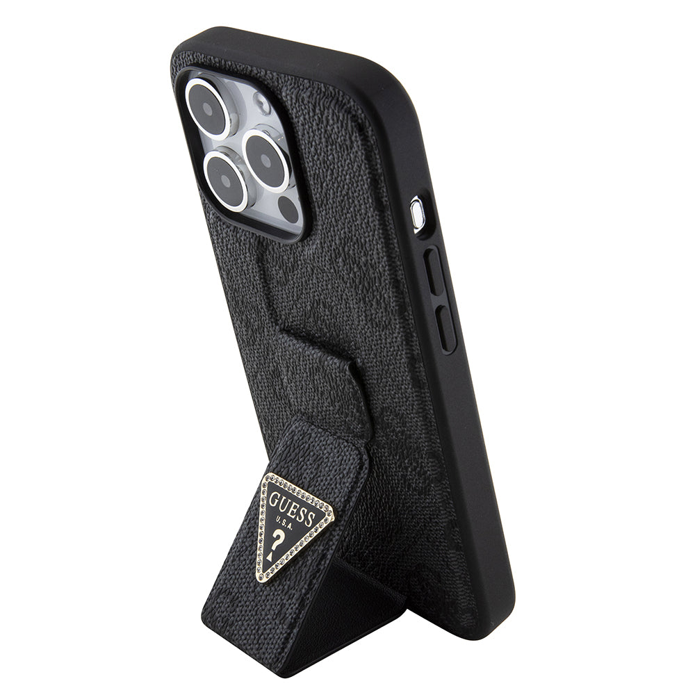Étui pour Apple iPhone 15 Pro, Guess, Grip Stand 4G Triangle Strass, Noir