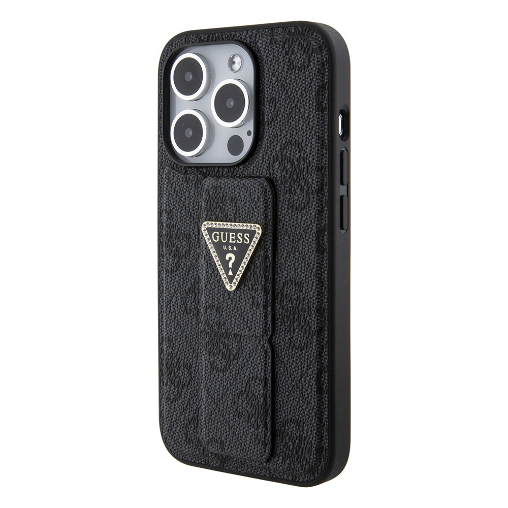 Étui pour Apple iPhone 15 Pro, Guess, Grip Stand 4G Triangle Strass, Noir