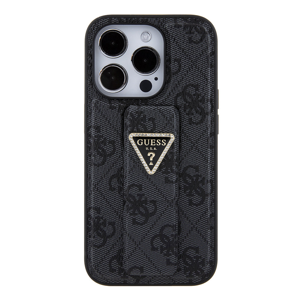 Étui pour Apple iPhone 15 Pro, Guess, Grip Stand 4G Triangle Strass, Noir