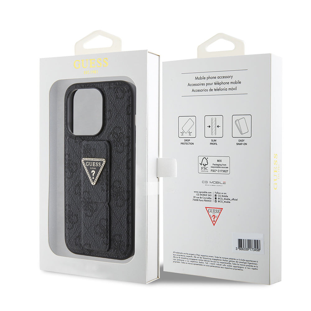 Étui pour Apple iPhone 15 Pro, Guess, Grip Stand 4G Triangle Strass, Noir