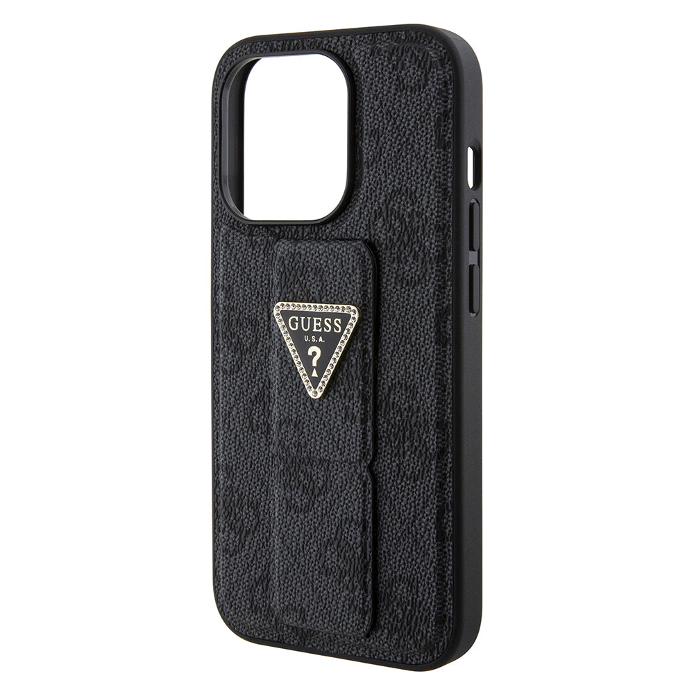 Étui pour Apple iPhone 15 Pro, Guess, Grip Stand 4G Triangle Strass, Noir