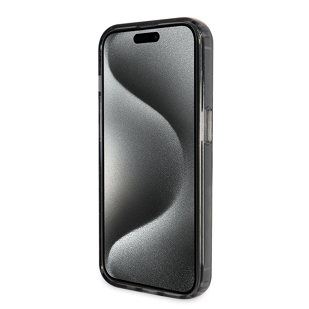 Coque MagSafe pour Apple iPhone 15 Pro, Guess, IML Ring Stand Glitter, Noire