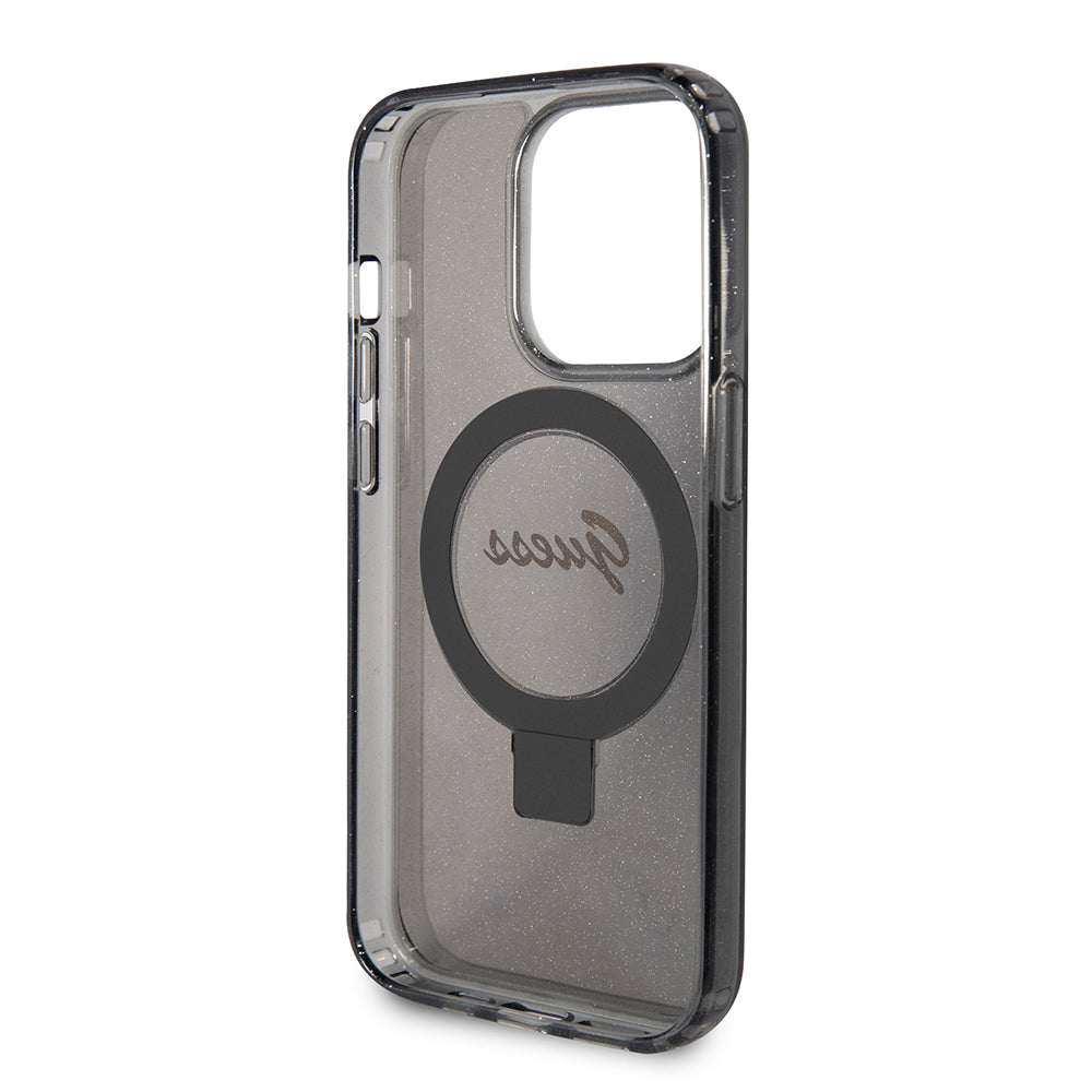 Coque MagSafe pour Apple iPhone 15 Pro, Guess, IML Ring Stand Glitter, Noire