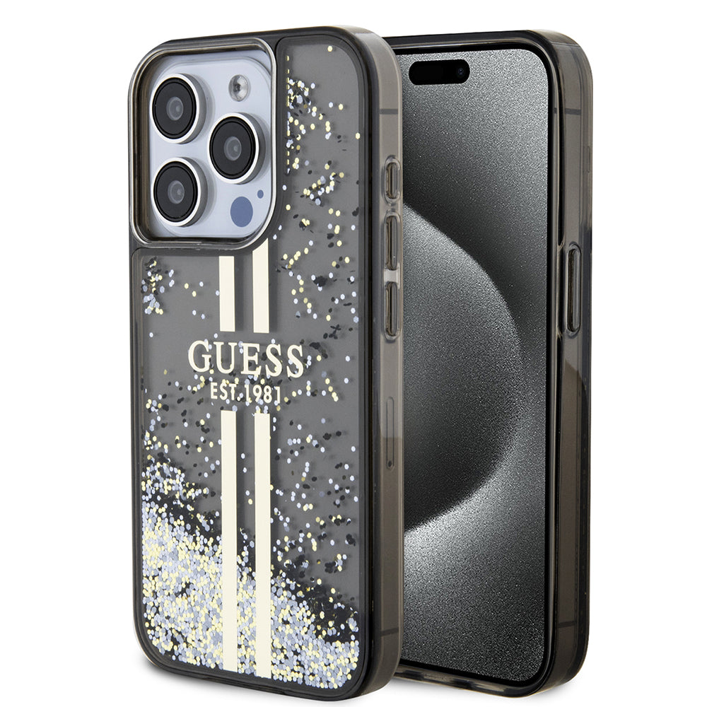 Étui pour Apple iPhone 15 Pro, Guess, Liquid Glitter Gold Stripe, Noir