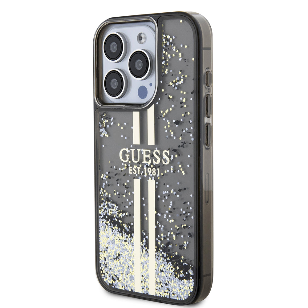 Étui pour Apple iPhone 15 Pro, Guess, Liquid Glitter Gold Stripe, Noir