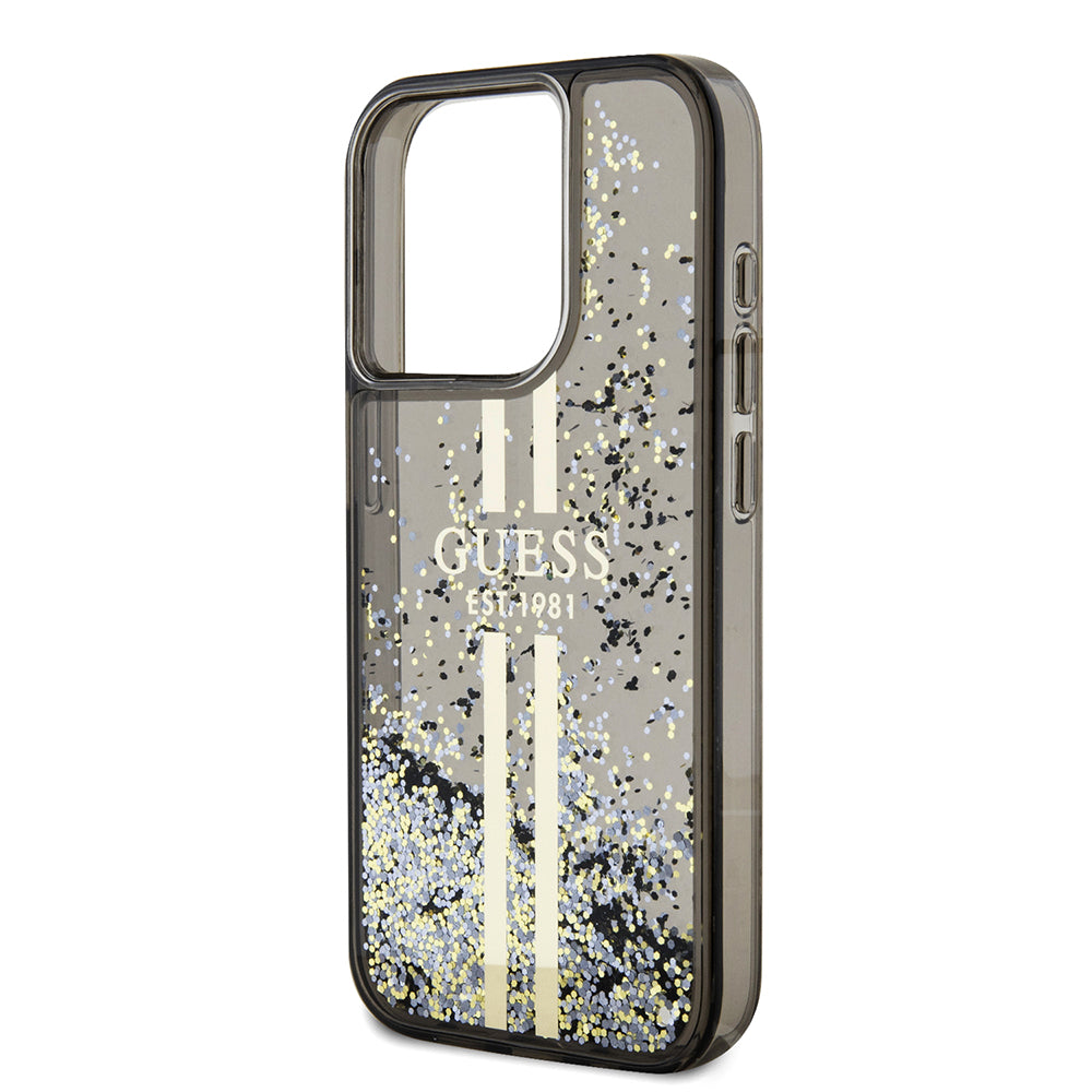 Étui pour Apple iPhone 15 Pro, Guess, Liquid Glitter Gold Stripe, Noir