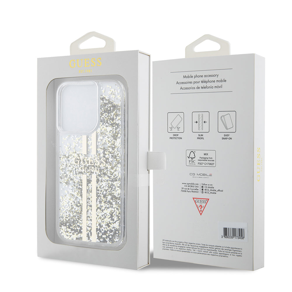 Hoes voor Apple iPhone 15 Pro, Guess, Liquid Glitter Gold Stripes, Transparant