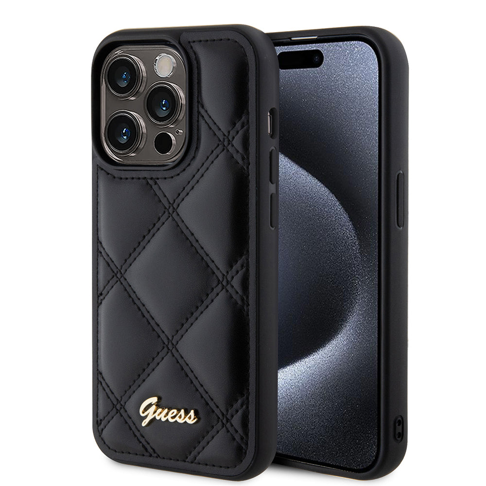 Hoes voor Apple iPhone 15 Pro, Guess, Quilted Metal Logo, Zwart