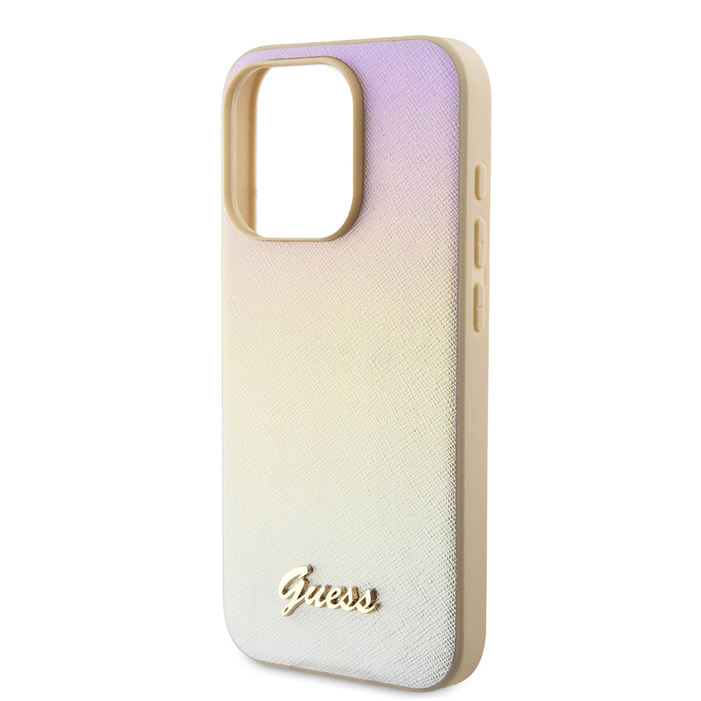 Hoes voor Apple iPhone 15 Pro, Guess, Saffiano Iridescent Script, Goud