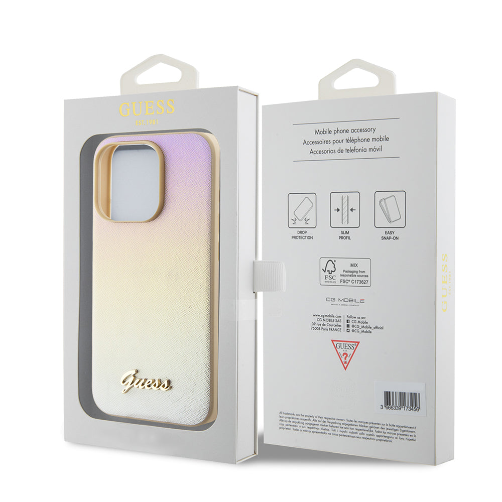 Hoes voor Apple iPhone 15 Pro, Guess, Saffiano Iridescent Script, Goud