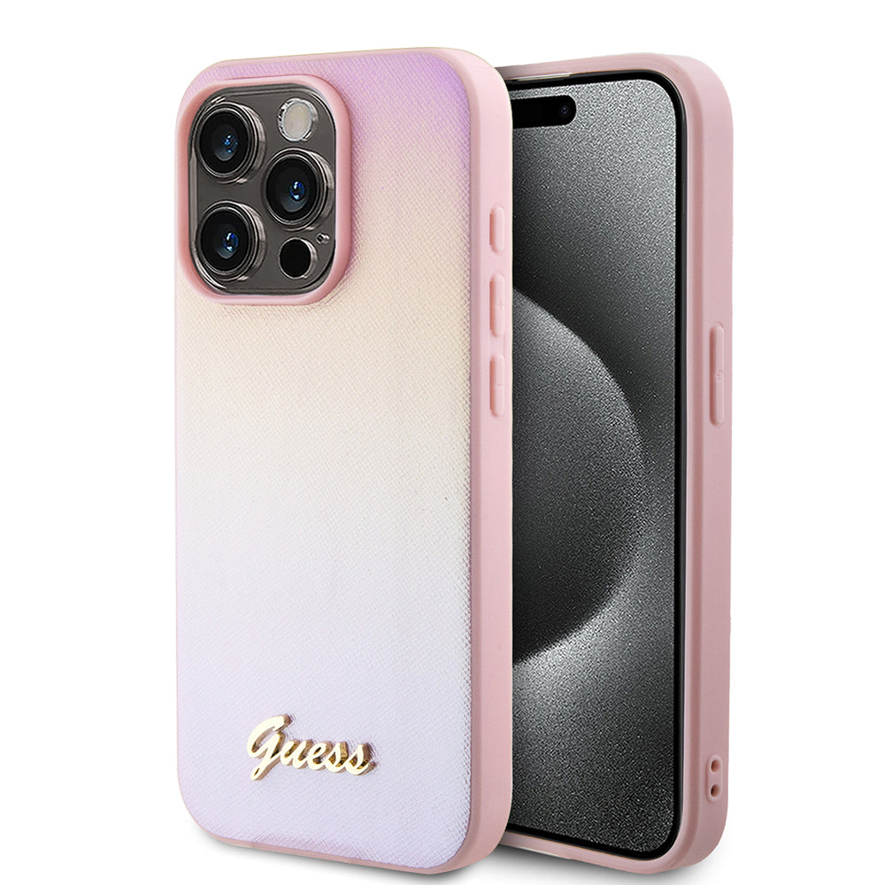 Hülle für Apple iPhone 15 Pro, Guess, Saffiano Iridescent Script, Rosa
