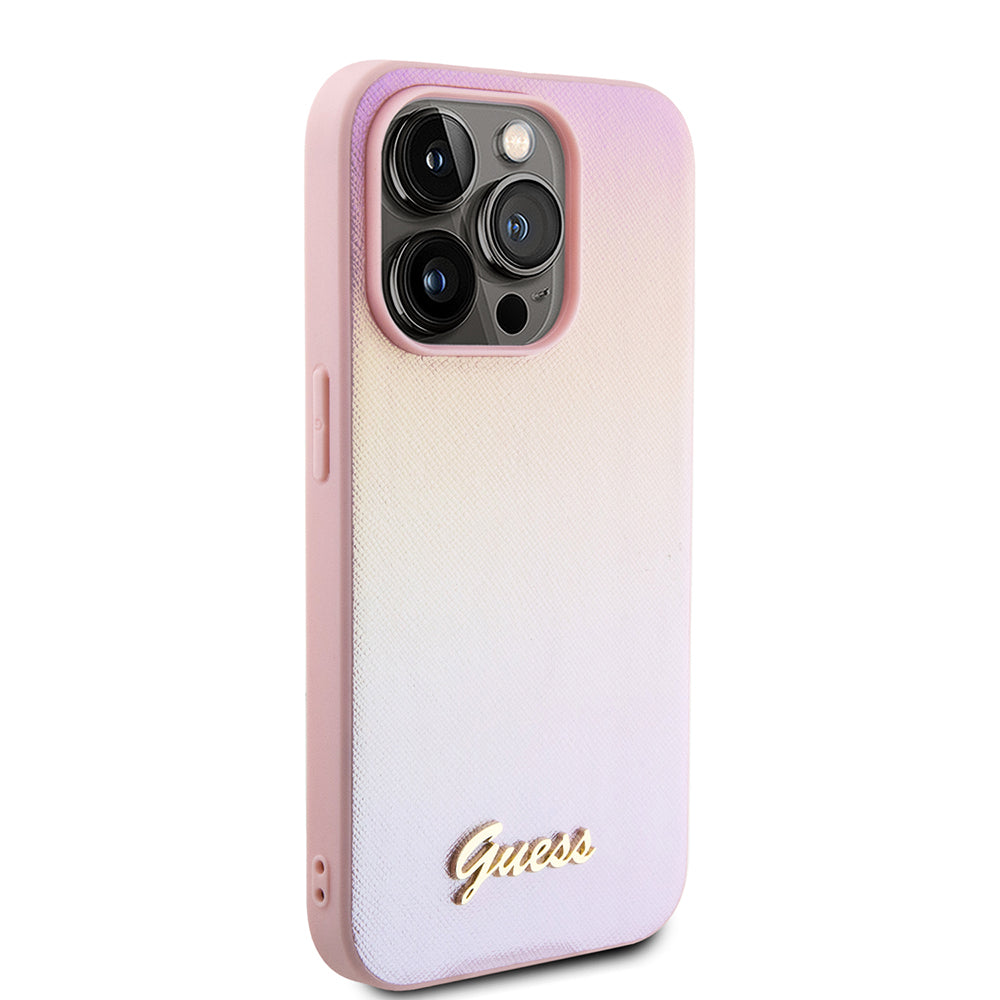 Hülle für Apple iPhone 15 Pro, Guess, Saffiano Iridescent Script, Rosa