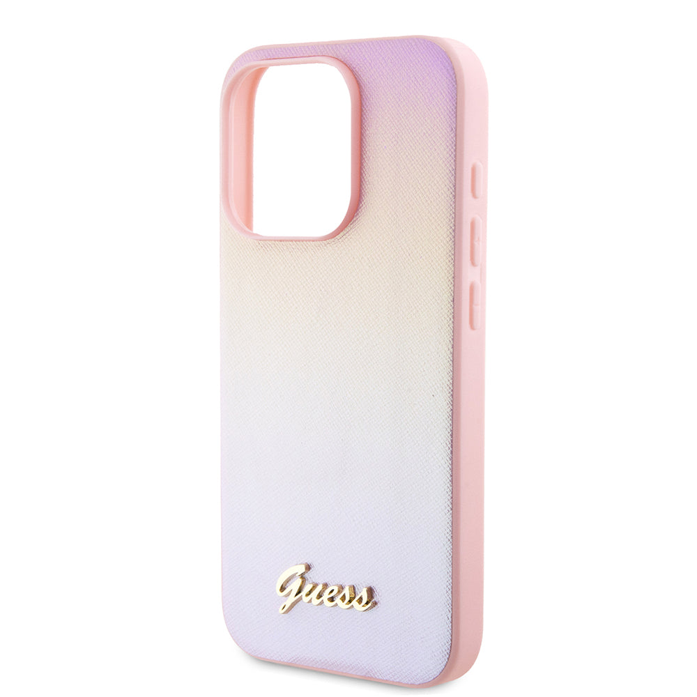 Hülle für Apple iPhone 15 Pro, Guess, Saffiano Iridescent Script, Rosa