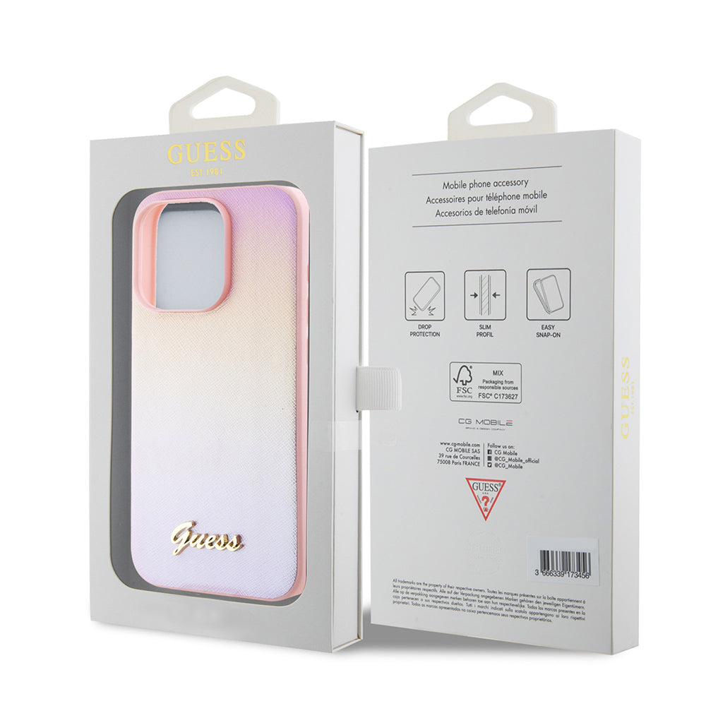 Hülle für Apple iPhone 15 Pro, Guess, Saffiano Iridescent Script, Rosa