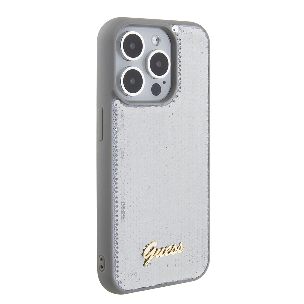 Hoes voor Apple iPhone 15 Pro, Guess, Sequin Script Metal, Zilverkleurig