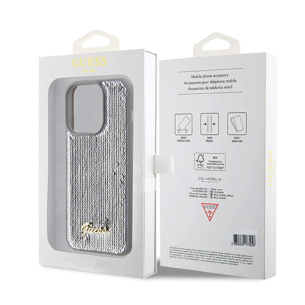 Hoes voor Apple iPhone 15 Pro, Guess, Sequin Script Metal, Zilverkleurig