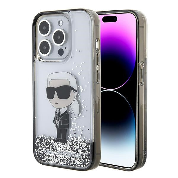 Hoes voor Apple iPhone 15 Pro, Karl Lagerfeld, Liquid Glitter Ikonik Karl, Transparant