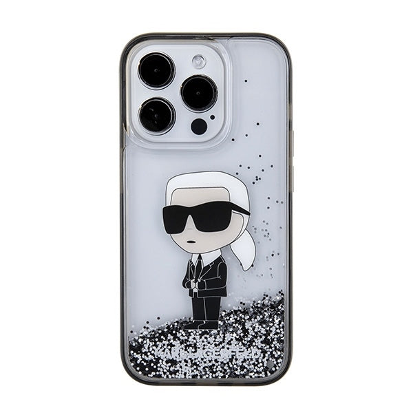 Hoes voor Apple iPhone 15 Pro, Karl Lagerfeld, Liquid Glitter Ikonik Karl, Transparant