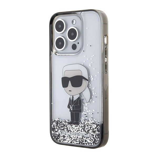 Hoes voor Apple iPhone 15 Pro, Karl Lagerfeld, Liquid Glitter Ikonik Karl, Transparant