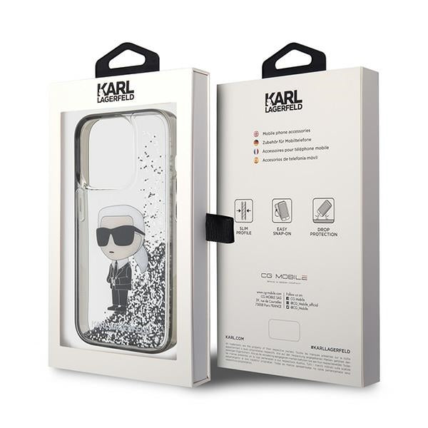 Hoes voor Apple iPhone 15 Pro, Karl Lagerfeld, Liquid Glitter Ikonik Karl, Transparant
