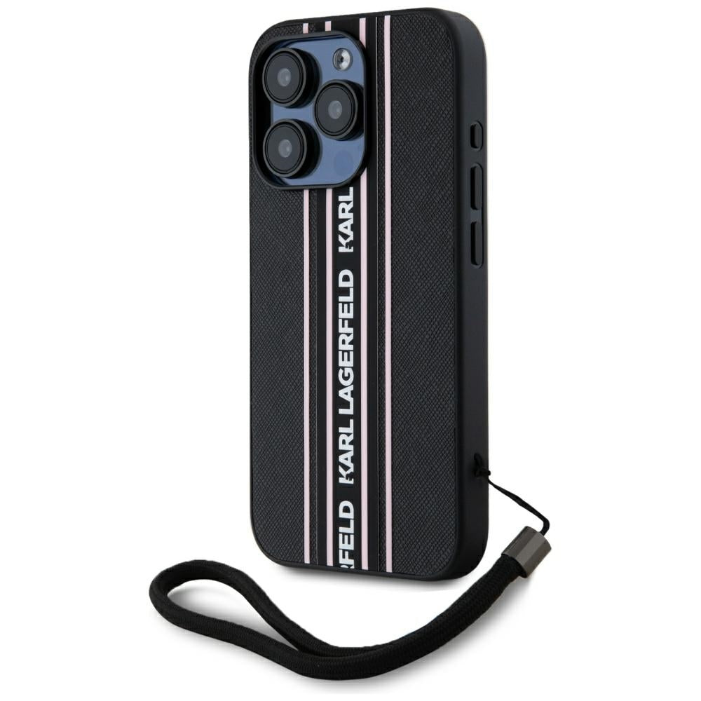 Hoes voor Apple iPhone 15 Pro, Karl Lagerfeld, Saffiano Athleisure Stripes met Band, Roze