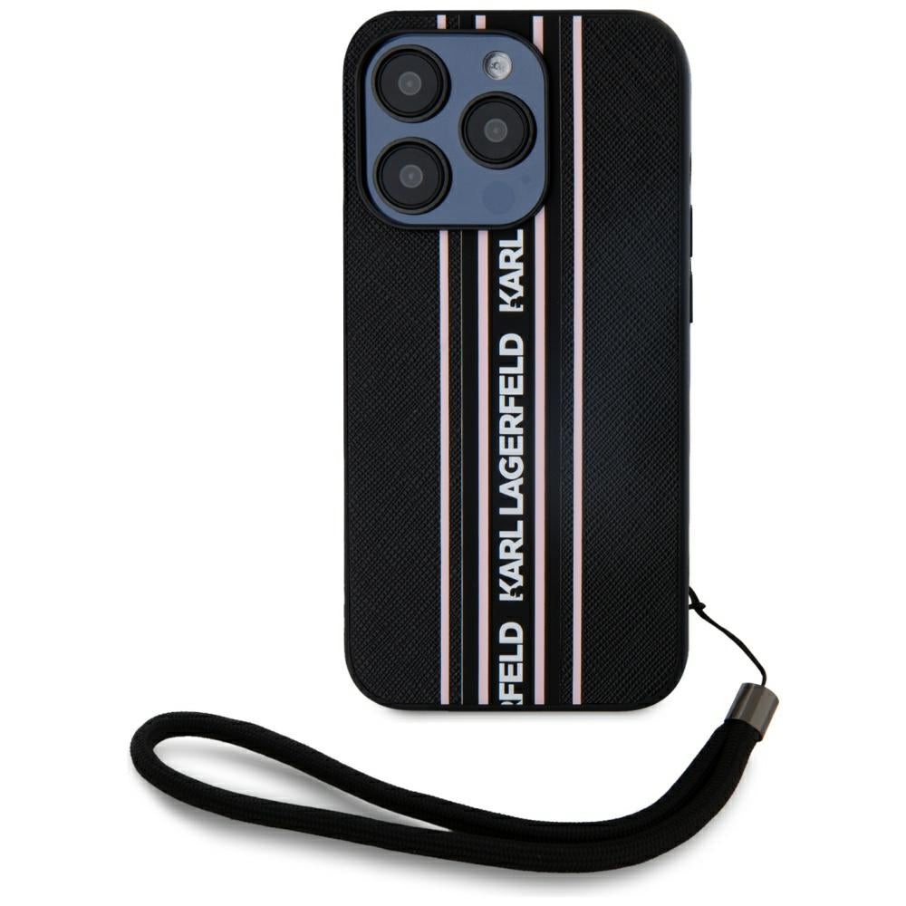 Hoes voor Apple iPhone 15 Pro, Karl Lagerfeld, Saffiano Athleisure Stripes met Band, Roze