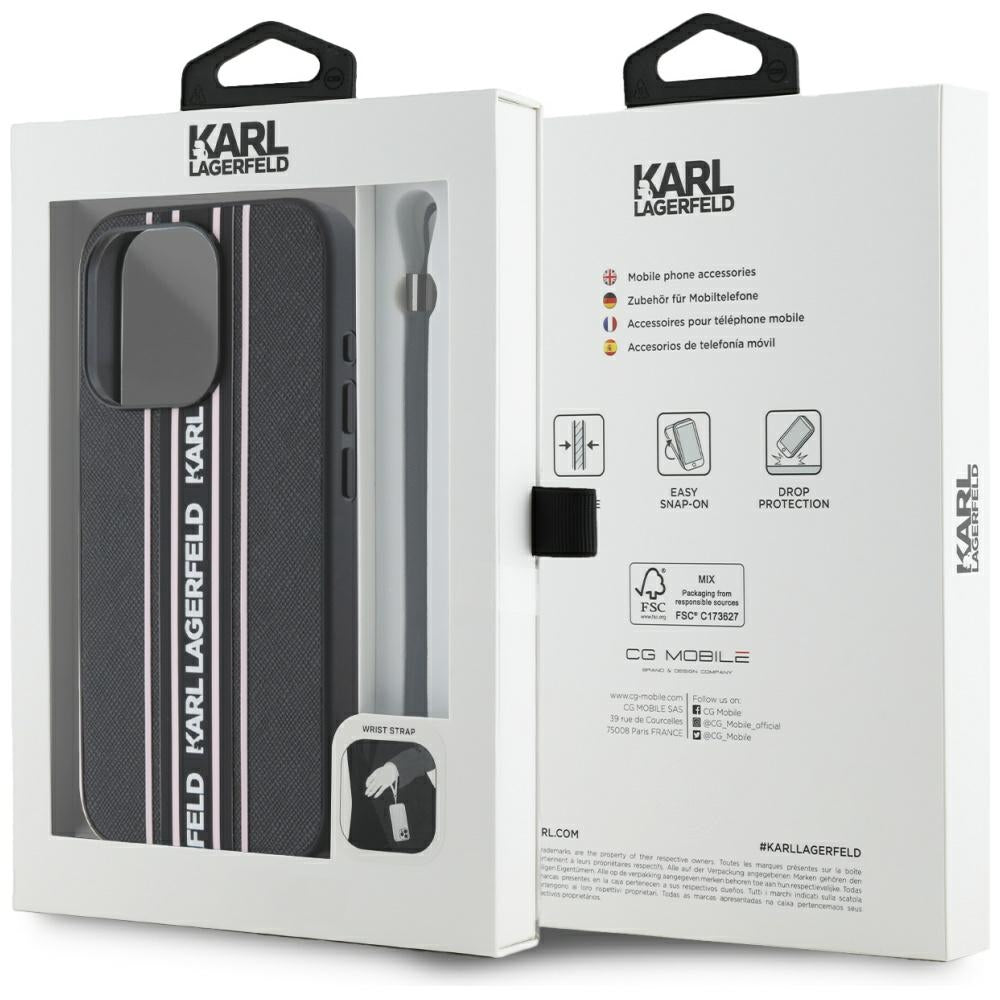 Hoes voor Apple iPhone 15 Pro, Karl Lagerfeld, Saffiano Athleisure Stripes met Band, Roze