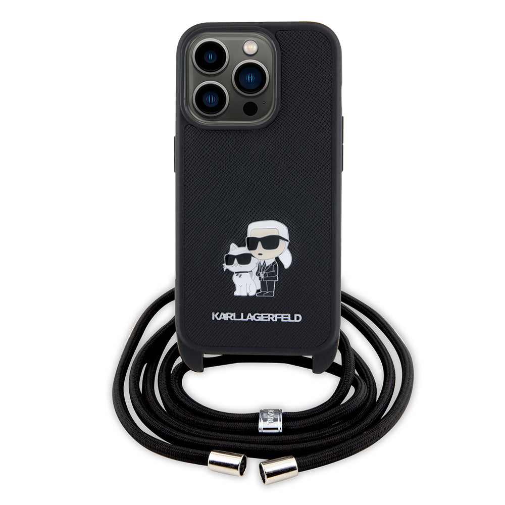 Hoes voor Apple iPhone 15 Pro, Karl Lagerfeld, Saffiano Crossbody Metal Pin Karl & Choupette, Zwart