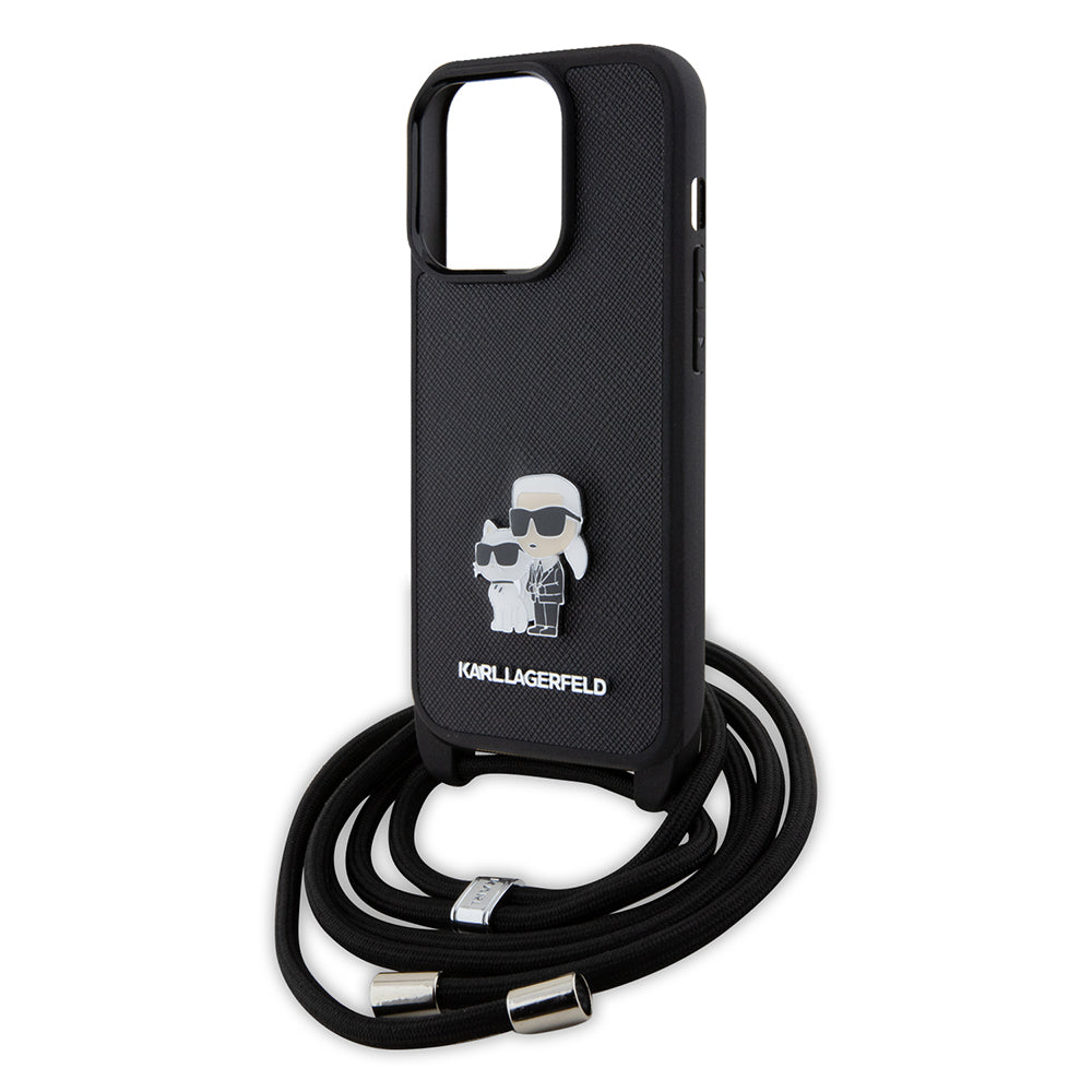 Hoes voor Apple iPhone 15 Pro, Karl Lagerfeld, Saffiano Crossbody Metal Pin Karl & Choupette, Zwart