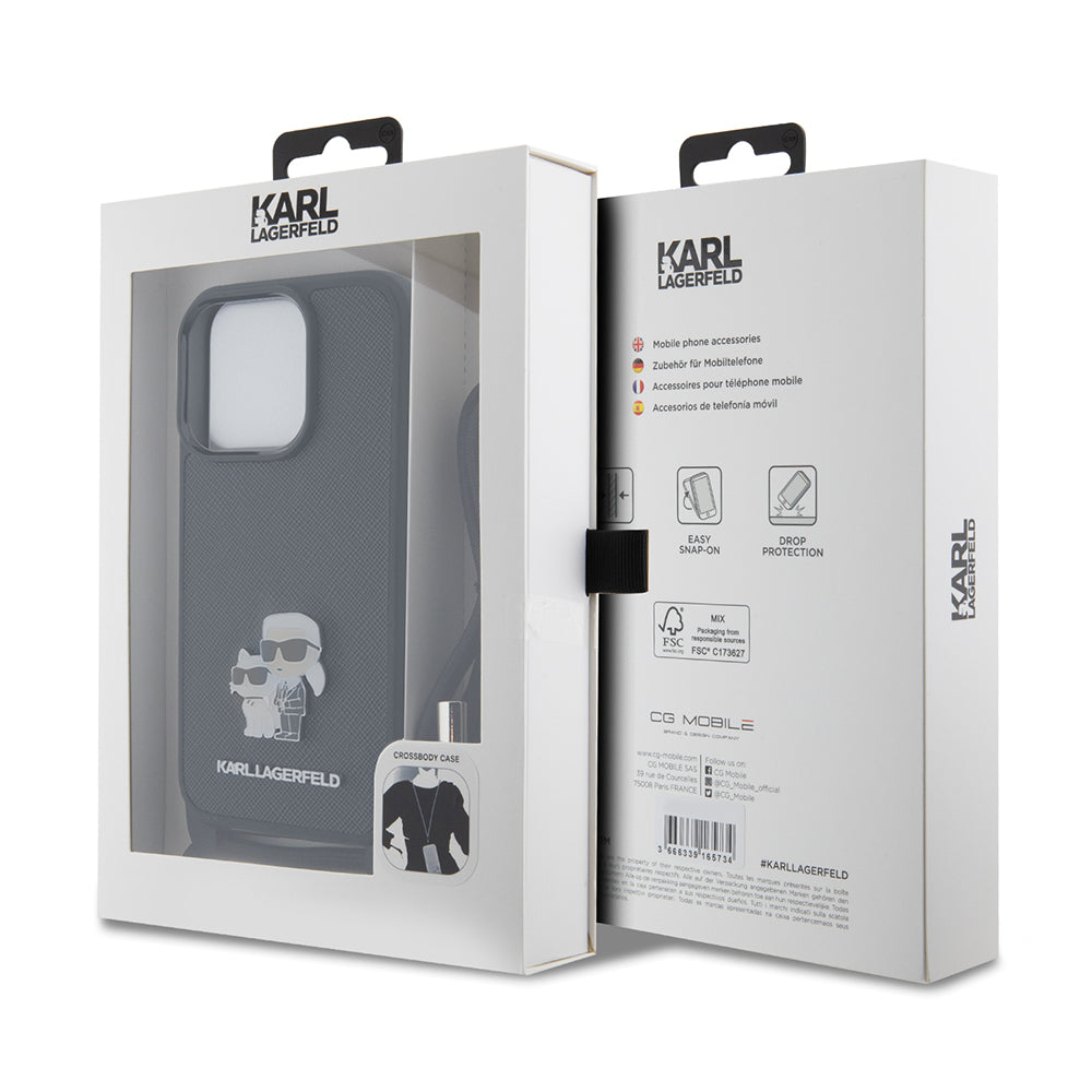 Hoes voor Apple iPhone 15 Pro, Karl Lagerfeld, Saffiano Crossbody Metal Pin Karl & Choupette, Zwart