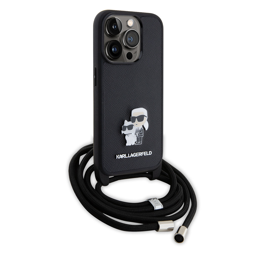 Hoes voor Apple iPhone 15 Pro, Karl Lagerfeld, Saffiano Crossbody Metal Pin Karl & Choupette, Zwart