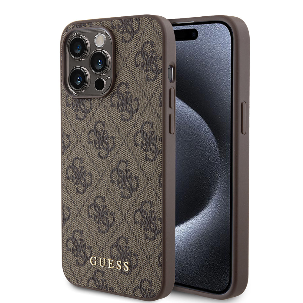 Housse pour Apple iPhone 15 Pro Max, Guess, Logo Métal Or 4G, Marron