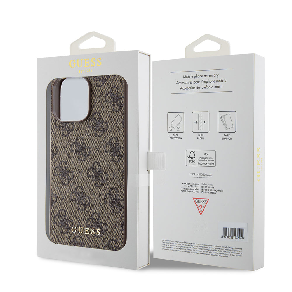 Housse pour Apple iPhone 15 Pro Max, Guess, Logo Métal Or 4G, Marron