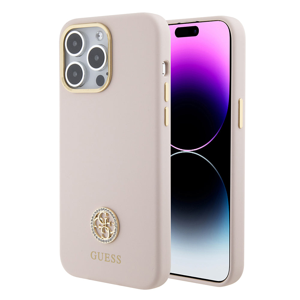 Étui pour Apple iPhone 15 Pro Max, Guess, Logo Métal Strass 4G, Rose