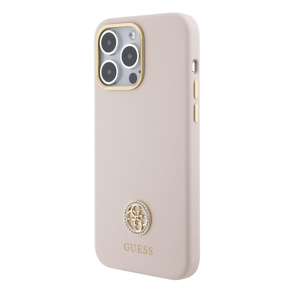 Étui pour Apple iPhone 15 Pro Max, Guess, Logo Métal Strass 4G, Rose