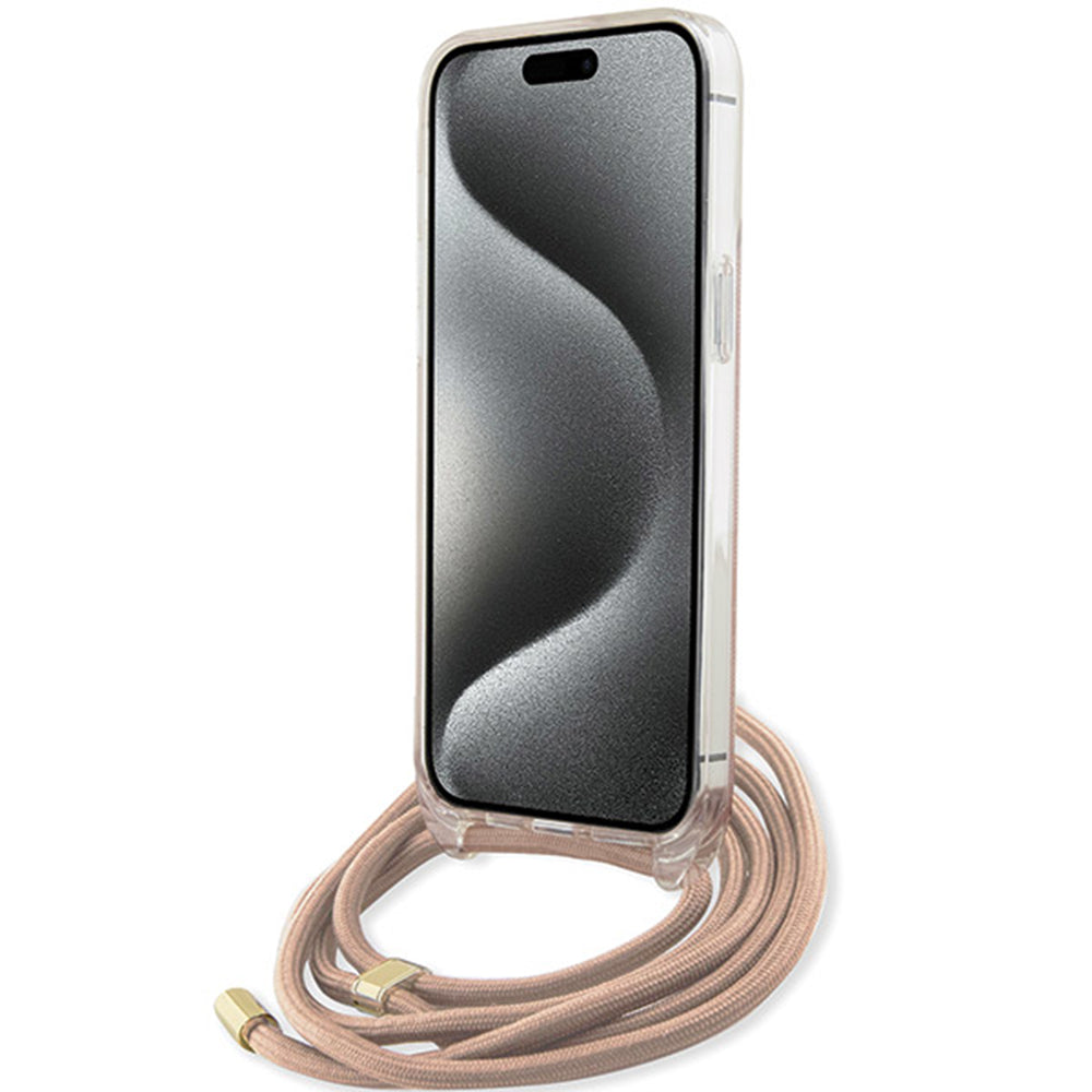 Étui pour Apple iPhone 15 Pro Max, Guess, Crossbody Cord 4G Print, Rose