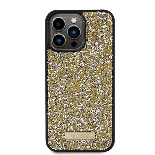 Étui pour Apple iPhone 15 Pro Max, Guess, Logo Métallique Strass, Jaune