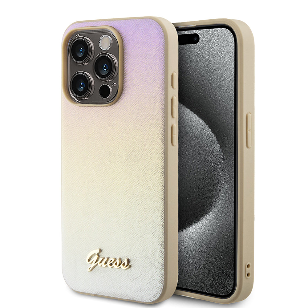 Case for Apple iPhone 15 Pro Max, Guess, Saffiano Iridescent Script, Gold