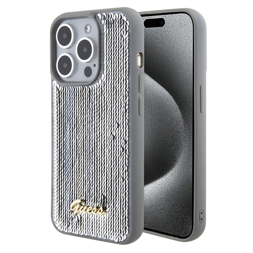 Hoes voor Apple iPhone 15 Pro Max, Guess, Sequin Script Metal, Zilverkleurig