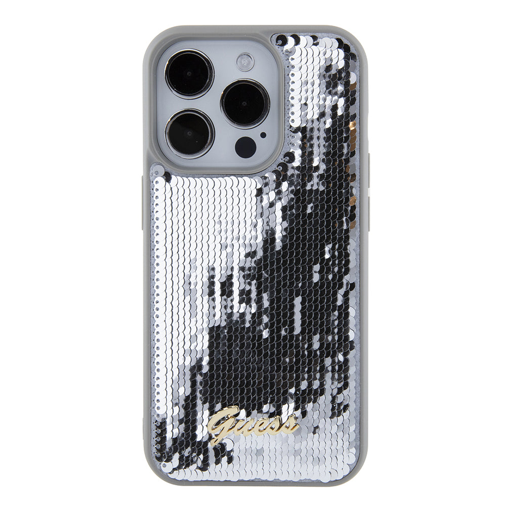 Hoes voor Apple iPhone 15 Pro Max, Guess, Sequin Script Metal, Zilverkleurig