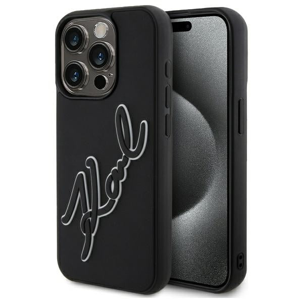 Étui pour Apple iPhone 15 Pro Max, Karl Lagerfeld, Signature en Caoutchouc 3D, Noir