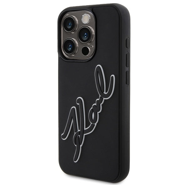 Étui pour Apple iPhone 15 Pro Max, Karl Lagerfeld, Signature en Caoutchouc 3D, Noir