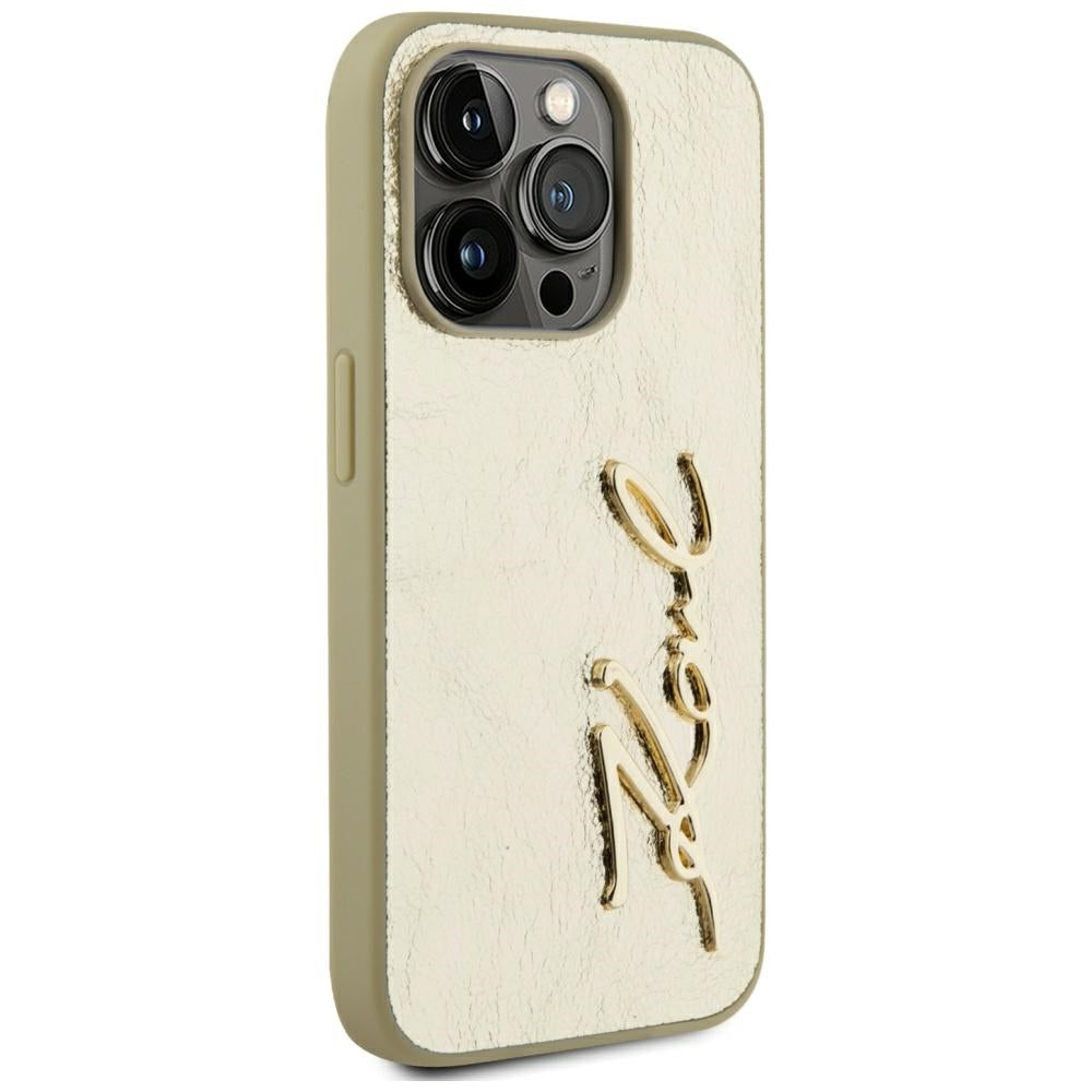 Étui pour Apple iPhone 15 Pro Max, Karl Lagerfeld, Signature Métallique, Doré