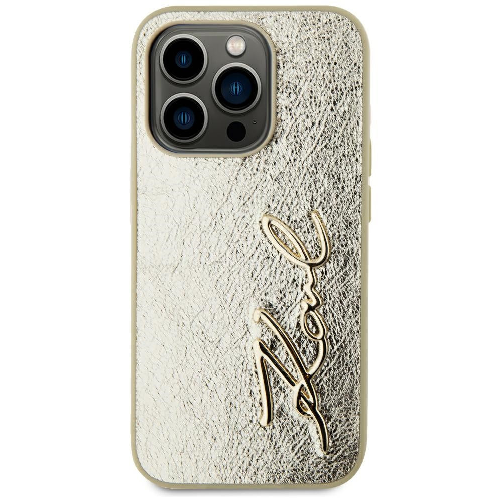 Étui pour Apple iPhone 15 Pro Max, Karl Lagerfeld, Signature Métallique, Doré
