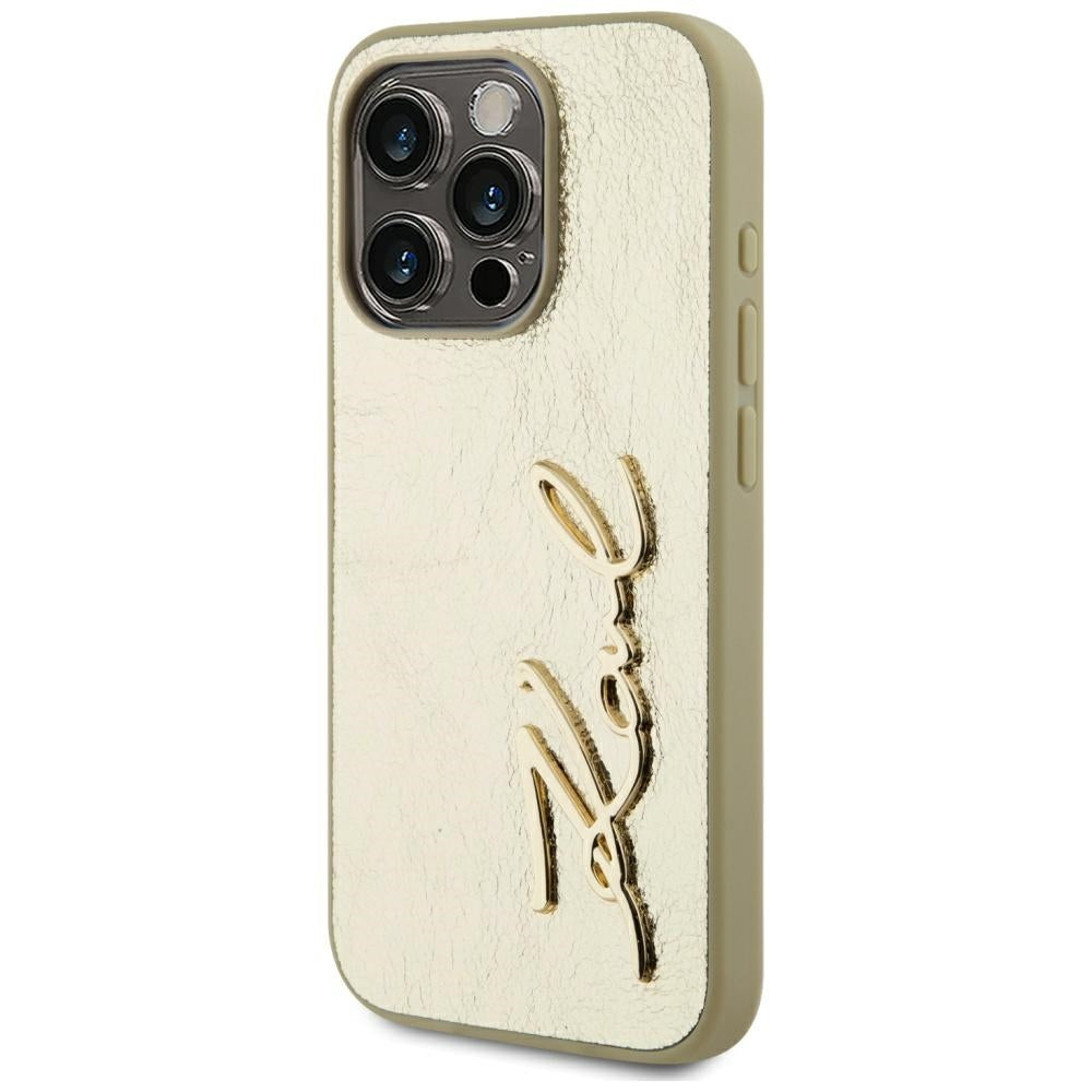 Étui pour Apple iPhone 15 Pro Max, Karl Lagerfeld, Signature Métallique, Doré