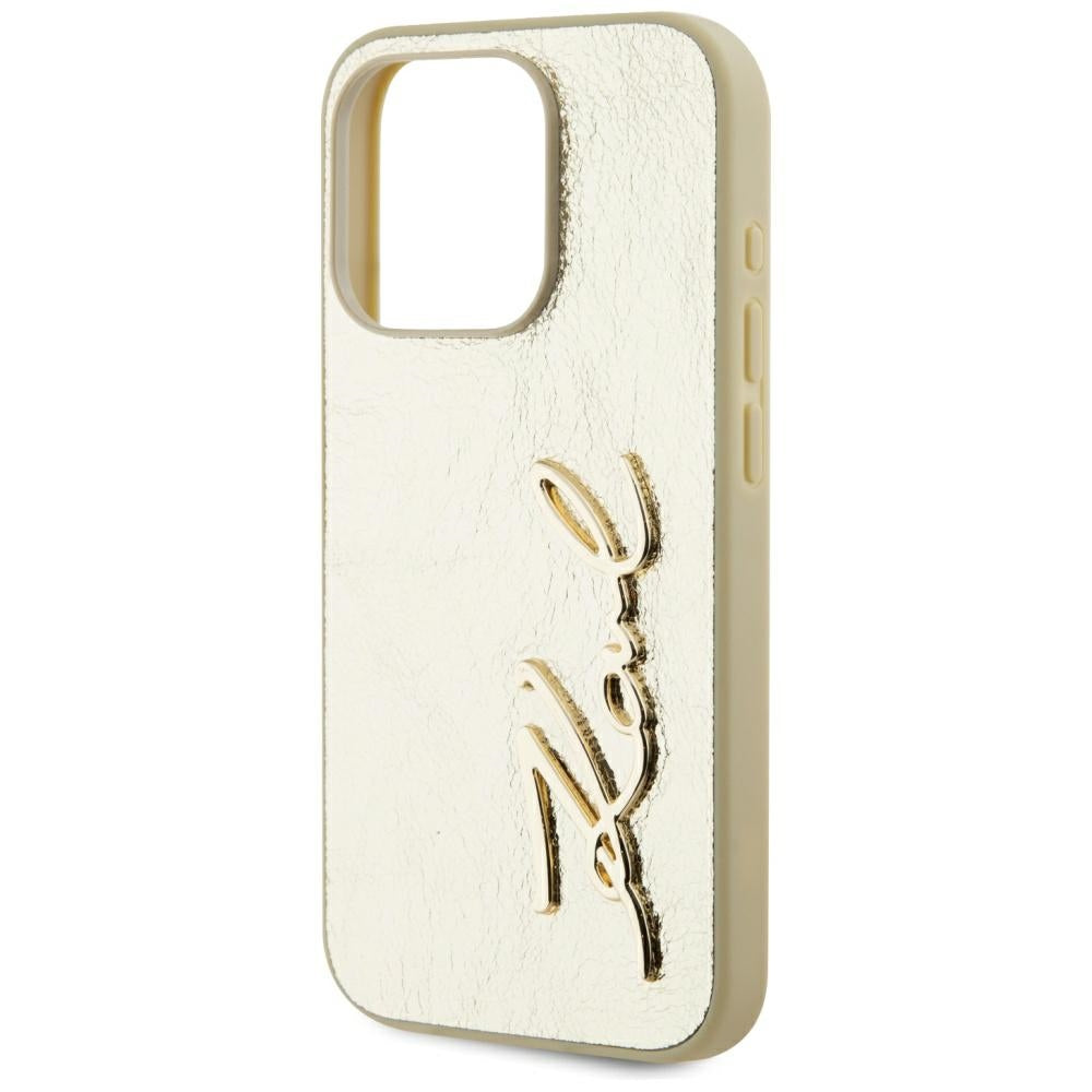 Étui pour Apple iPhone 15 Pro Max, Karl Lagerfeld, Signature Métallique, Doré