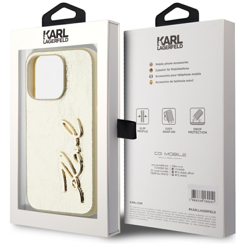 Étui pour Apple iPhone 15 Pro Max, Karl Lagerfeld, Signature Métallique, Doré