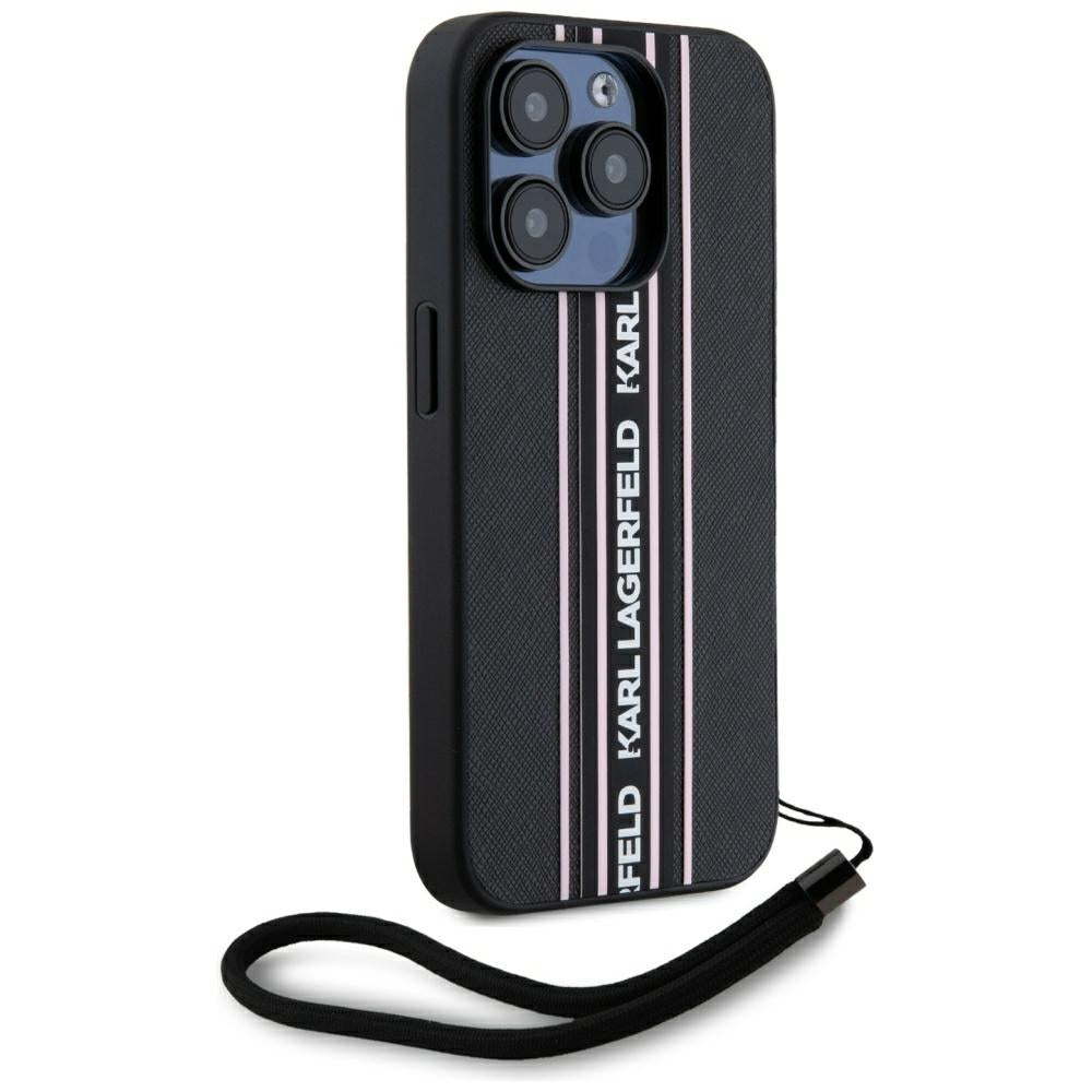 Case for Apple iPhone 15 Pro Max, Karl Lagerfeld, Saffiano Athleisure Stripes with Strap, Pink