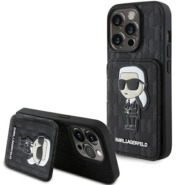 Étui pour Apple iPhone 15 Pro Max, Karl Lagerfeld, Saffiano Cardslots and Stand Monogram Ikonik Karl, Noir
